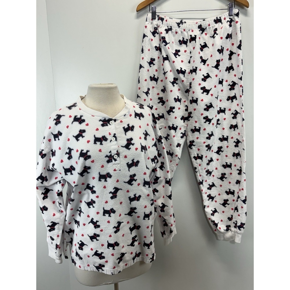 Vtg Jennifer Moore 2 Pc Pajama Set Women's Medium Fleece Scottie Dogs Hearts 90s